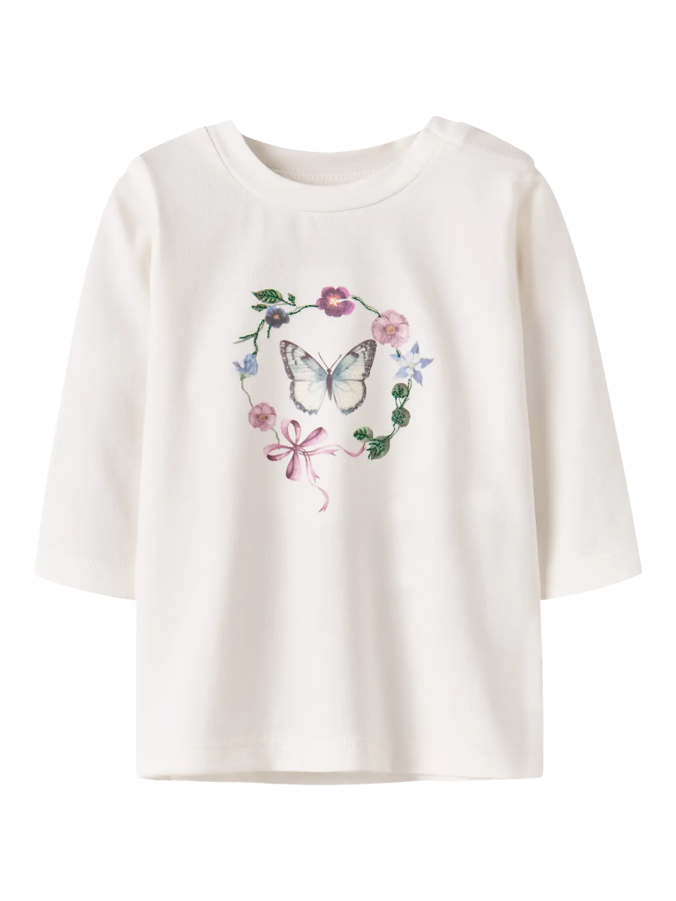 Cremefarbenes Langarmshirt aus Baumwolle mit Schmetterlingsmotiv, erhältlich im Bärechind Kinderladen Winterthur Zürich Schweiz