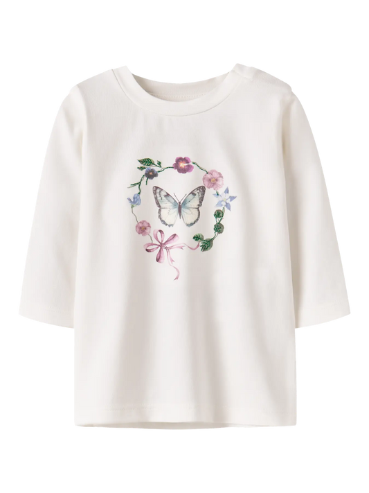 Cremefarbenes Langarmshirt aus Baumwolle mit Schmetterlingsmotiv, erhältlich im Bärechind Kinderladen Winterthur Zürich Schweiz