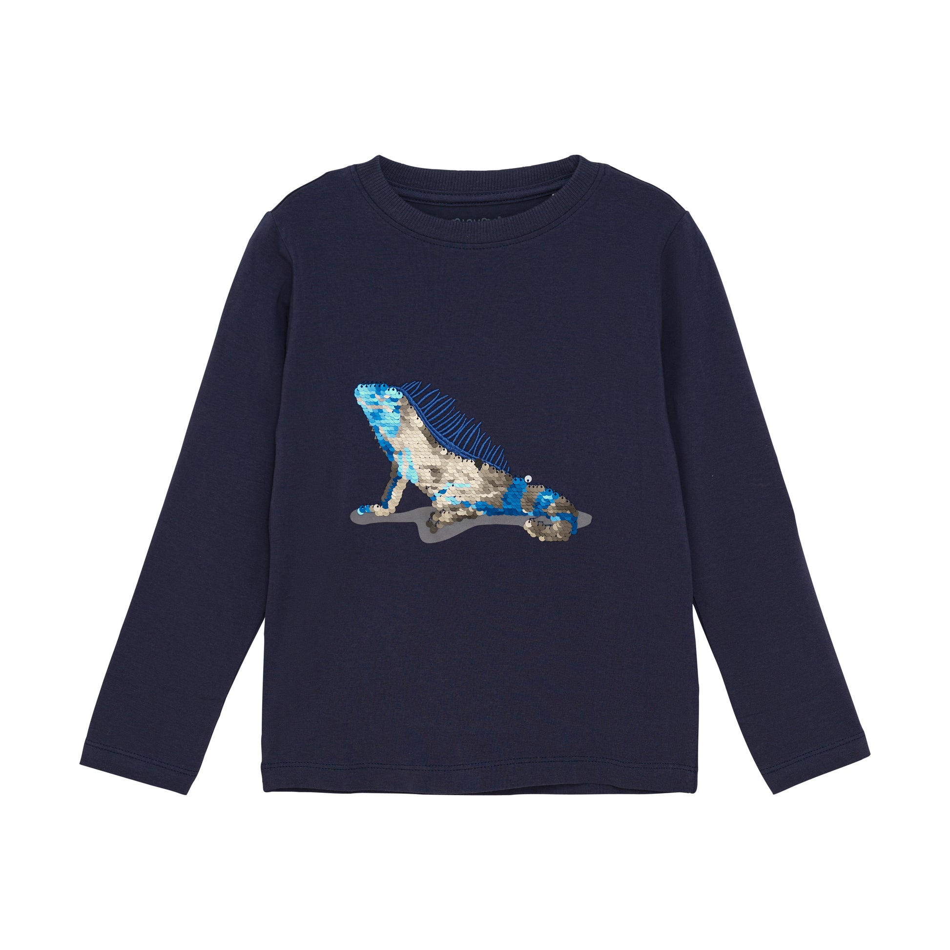 Dunkelblaues MINYMO Shirt mit Pailletten-Iguana – erhältlich bei Bärechind in Winterthur, Zürich, Schweiz.