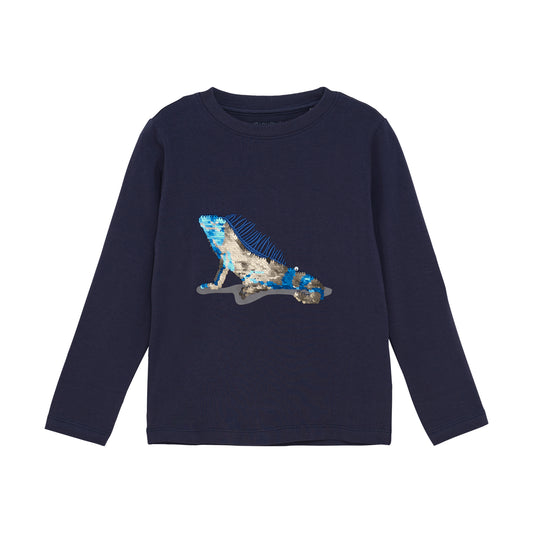 Dunkelblaues MINYMO Shirt mit Pailletten-Iguana – erhältlich bei Bärechind in Winterthur, Zürich, Schweiz.