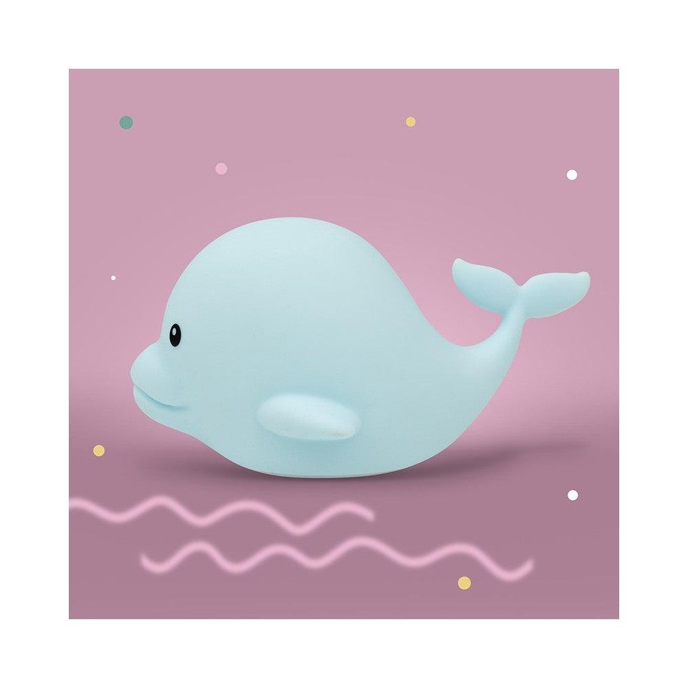 LED Nachtlicht in Form eines Delfins aus Silikon, leuchtend in Blau, erhältlich im Bärechind Winterthur Zürich Schweiz.