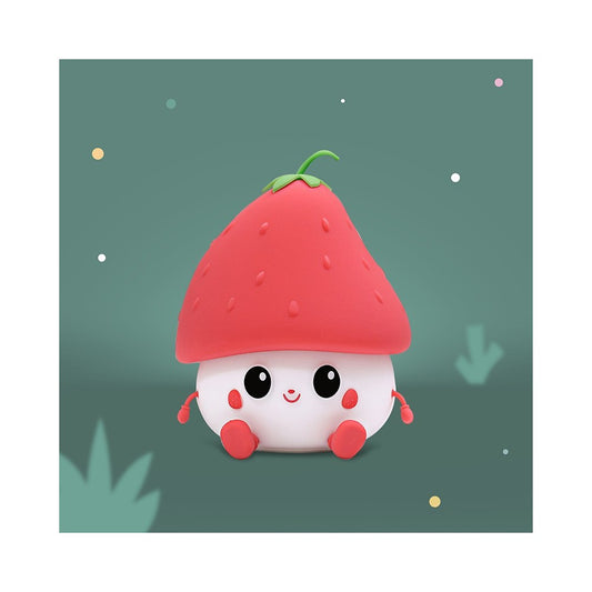 LED Nachtlicht in Form einer Erdbeere aus Silikon, leuchtend im Kinderzimmer, erhältlich im Bärechind Winterthur Zürich Schweiz.