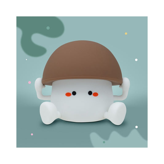 LED Nachtlicht in Pilzform mit braunem Hut, aus Silikon, leuchtend im Kinderzimmer, erhältlich im Bärechind Winterthur Zürich Schweiz.