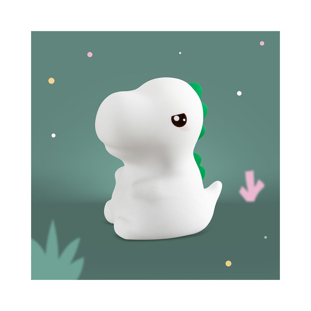 LED Nachtlicht in Form eines T-Rex Dinos aus Silikon, leuchtend im Kinderzimmer, erhältlich im Bärechind Winterthur Zürich Schweiz.