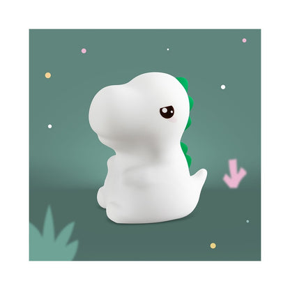 LED Nachtlicht in Form eines T-Rex Dinos aus Silikon, leuchtend im Kinderzimmer, erhältlich im Bärechind Winterthur Zürich Schweiz.