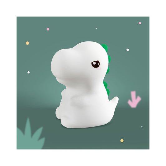 LED Nachtlicht in Form eines T-Rex Dinos aus Silikon, leuchtend im Kinderzimmer, erhältlich im Bärechind Winterthur Zürich Schweiz.