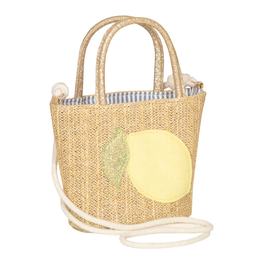 Lemon Basket Bag von Mimi & Lula – eine geflochtene Sommertasche mit Stoff-Zitrone und Glitzer-Details, erhältlich in Winterthur, Zürich, Schweiz.