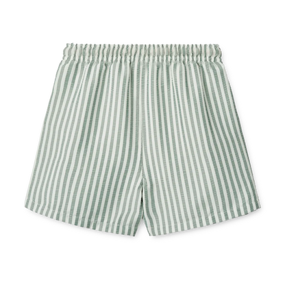 Rückansicht der Liewood Duke Board Shorts für Kinder in Stripe Peppermint / Crisp White. Nachhaltiges Material mit Mesh-Futter für Komfort. Erhältlich in Winterthur, Zürich, Schweiz.