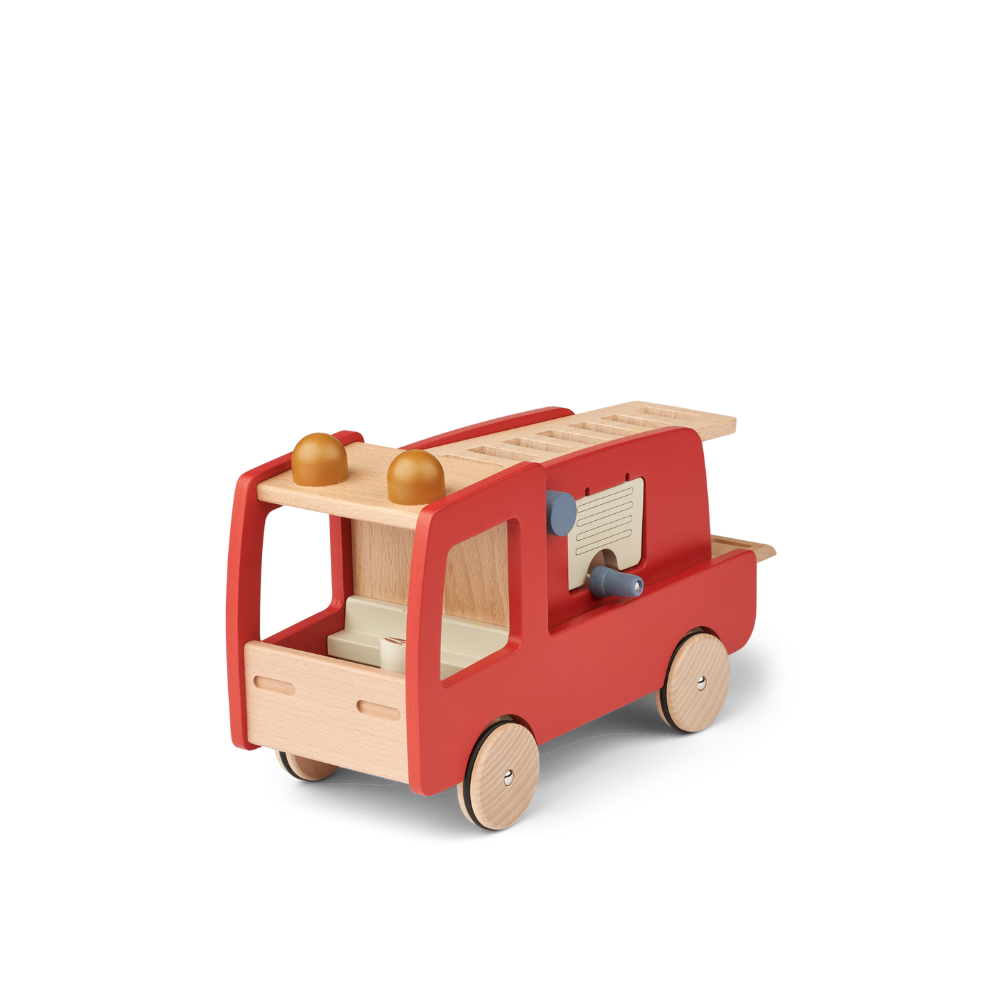 Detailansicht Liewood Feuerwehrauto Eigil, klassisches Holzspielzeug für Kinder – Bärechind, Winterthur, Schweiz.