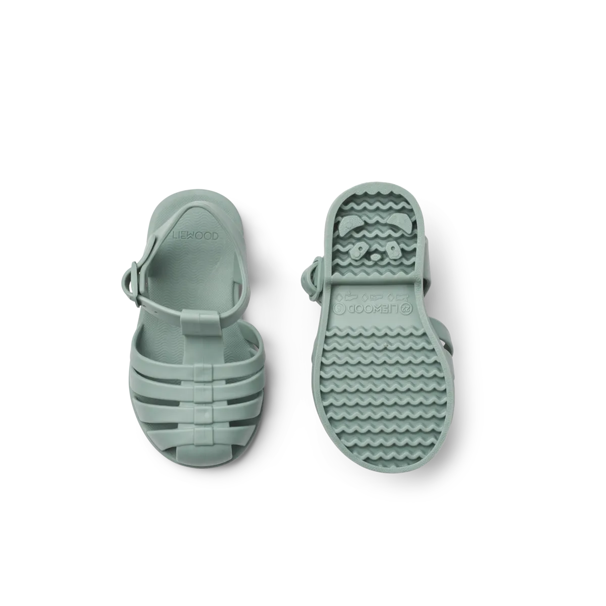 Sohlenansicht der Liewood Kinder Sandalen in grün, rutschfeste Sommerschuhe im Bärechind Winterthur Zürich Schweiz.