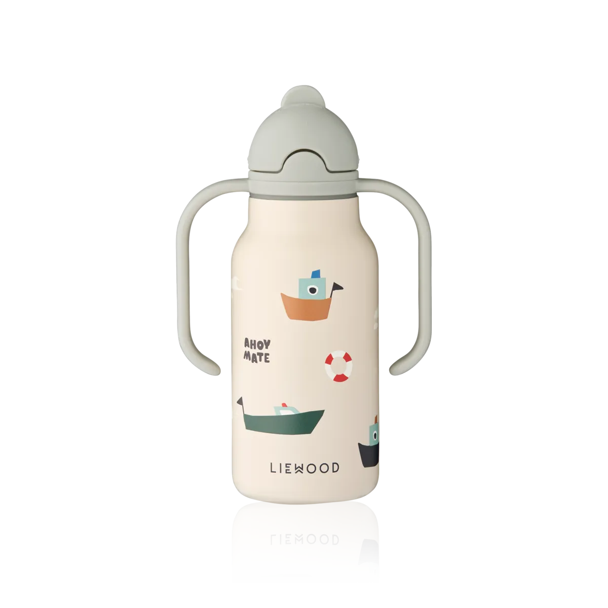 Liewood Kinder Trinkflasche aus Silikon mit Boot-Motiv und Griffen, im Bärechind Winterthur Zürich Schweiz.