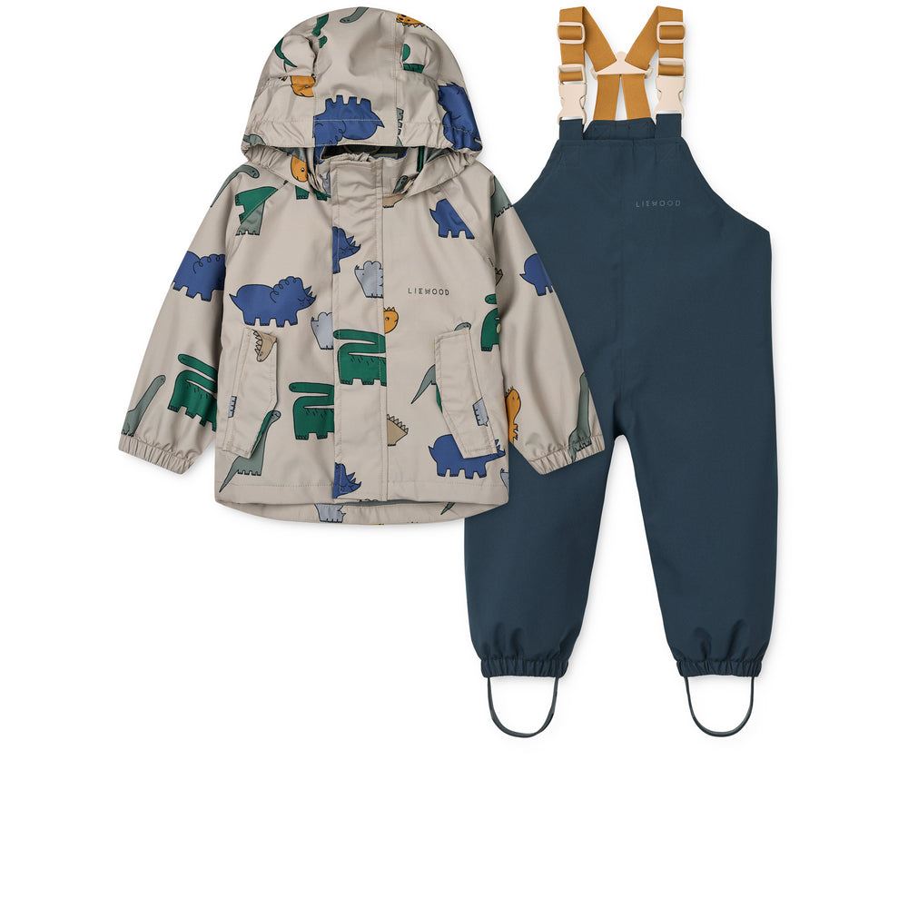 Das Liewood Manu Regenanzug-Set im Dinosaurier-Design Mist, erhältlich bei Bärechind in Winterthur.