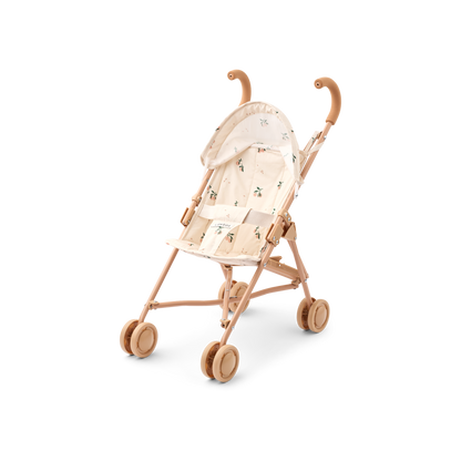 LIEWOOD Puppen-Buggy Elsie in Beige mit Pfirsichprint – zusammengebaut, frontal. Erhältlich Online oder im Kinderladen in Winterthur, Zürich, Schweiz.