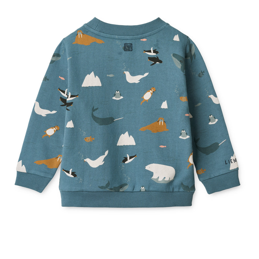 Rückansicht des LIEWOOD Thora Kinder-Sweatshirts mit Meeres- und Arktis-Motiven – Bio-Baumwolle, bei Bärechind Winterthur.