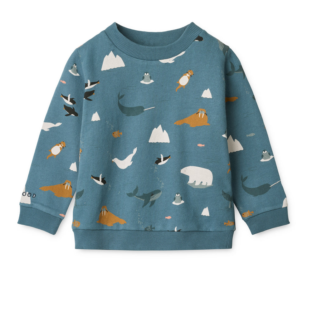 LIEWOOD Thora Sweatshirt mit Arctic-Print – Vorderansicht mit Eisbär, Pinguin und Wal, erhältlich bei Bärechind Winterthur.