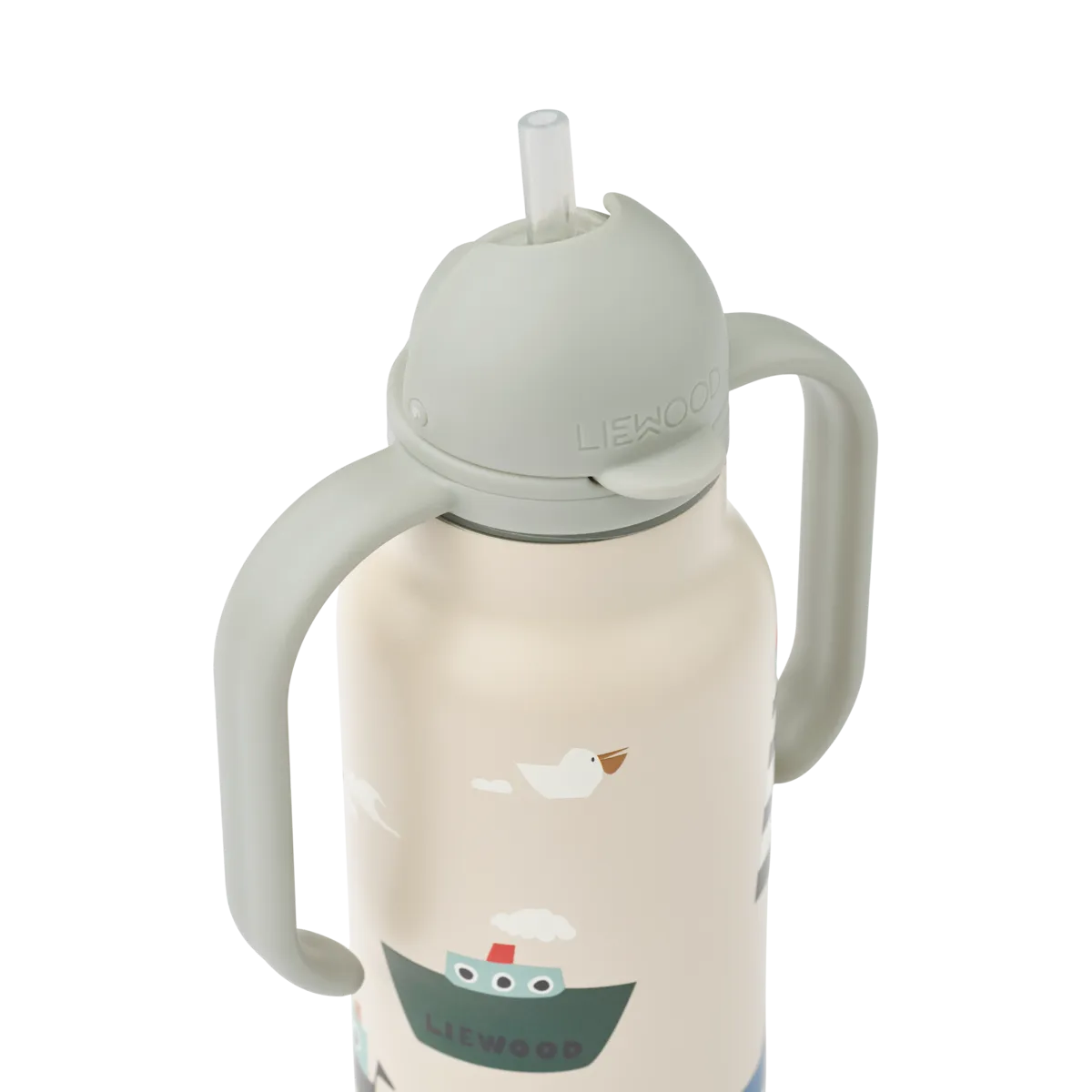 Detailansicht der Liewood Trinkflasche mit Strohhalm und Griffen für Kinder, Bärechind Winterthur Zürich Schweiz.