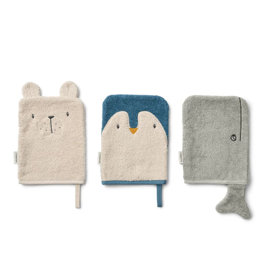 Liewood Waschlappen Set mit Bär, Pinguin und Wal aus Bio-Baumwolle, erhältlich bei Bärechind in Winterthur, Zürich Schweiz.
