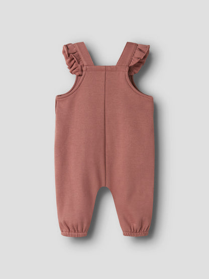 Baby-Latzoverall mit elastischen Säumen aus Baumwolle, Rückansicht in Withered Rose