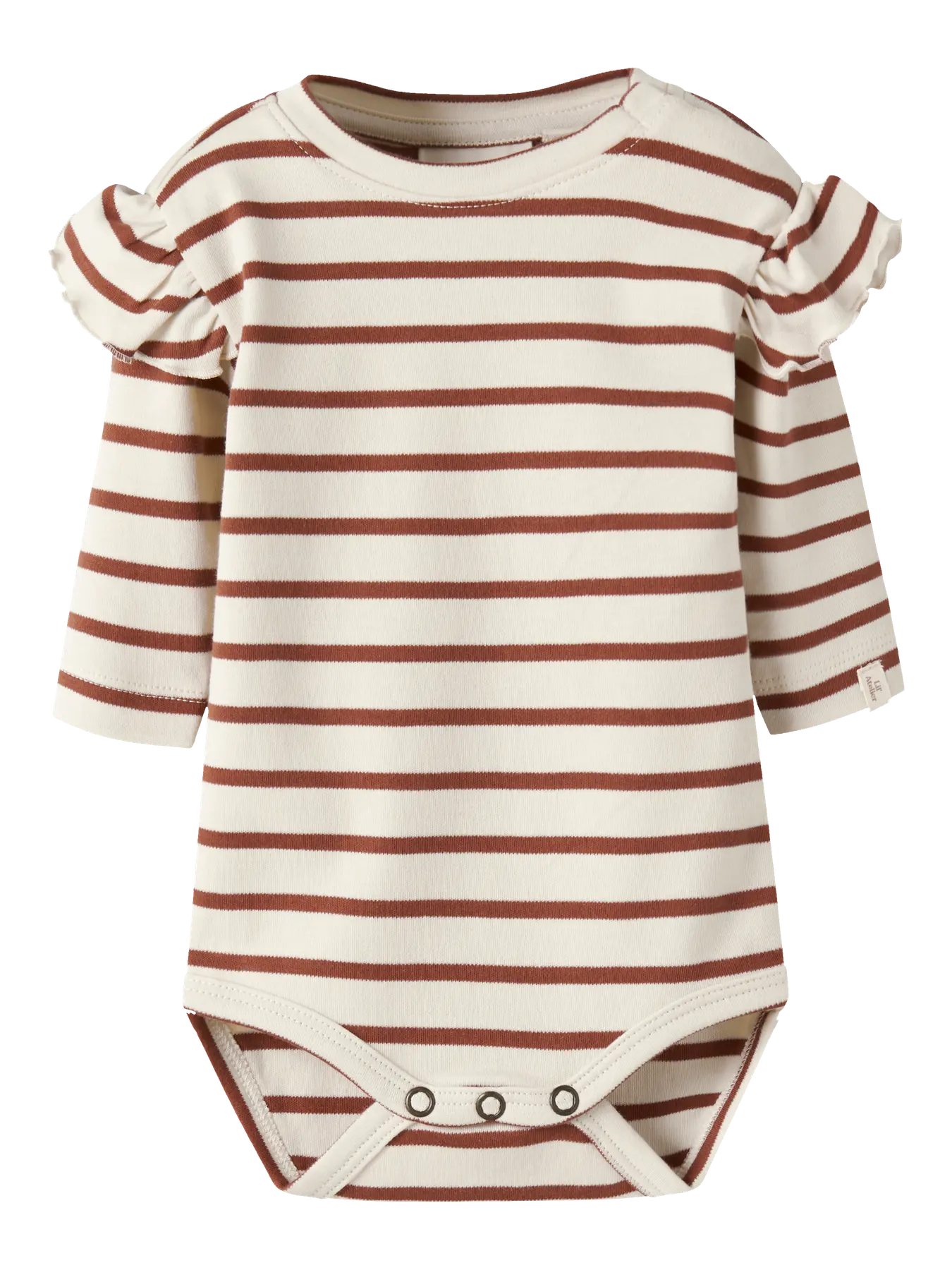 Lil' Atelier Body in Creme mit braunen Streifen und Rüschen an den Schultern.