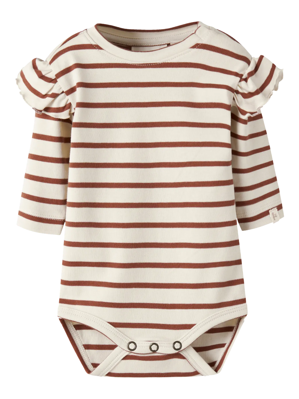 Lil' Atelier Body in Creme mit braunen Streifen und Rüschen an den Schultern.