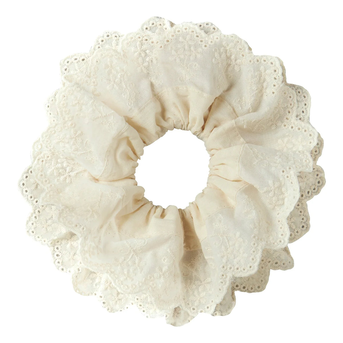 Lil' Atelier Frida Scrunchie in Creme mit verspielten Rüschen und feiner Lochstickerei für Kinder