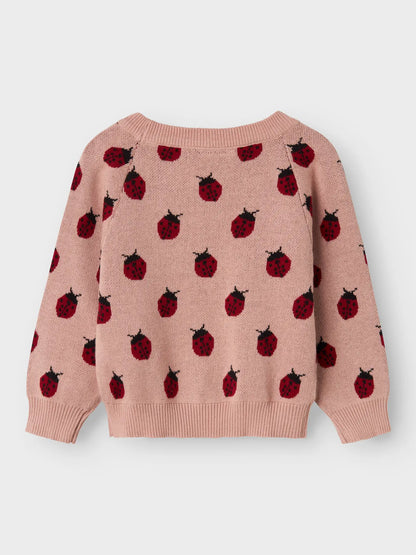 Rückseite des nachhaltigen Lil'Atelier Kinderpullovers mit Marienkäfern bei Bärechind in Winterthur, Zürich, Schweiz.