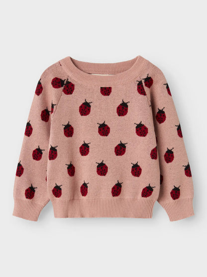Vorderseite des rosa Lil'Atelier Bio-Pullovers mit Marienkäfer-Muster bei Bärechind in Winterthur, Zürich, Schweiz.