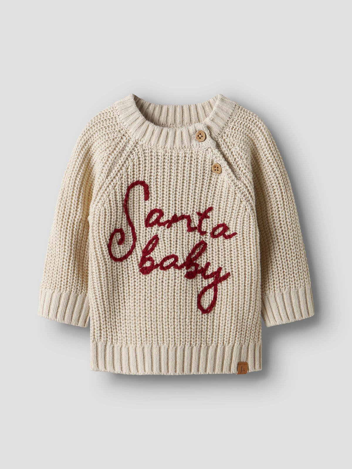 Baby-Weihnachtspulli mit 'Santa Baby' Stickerei in Turtledove, Vorderansicht mit Knopfleiste