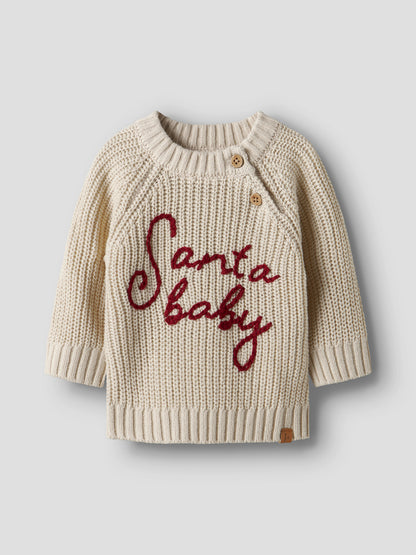 Baby-Weihnachtspulli mit 'Santa Baby' Stickerei in Turtledove, Vorderansicht mit Knopfleiste