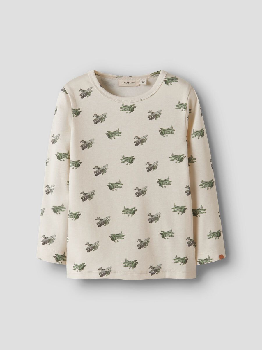 Kinder Langarmshirt aus Baumwolle mit grünem Flugzeugprint, Lil'Atelier nachhaltige Kindermode im Bärechind Winterthur Zürich Schweiz