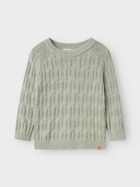 Hellgrüner Strickpullover von Lil'Atelier flachliegend – kaufen bei Bärechind in Winterthur, Zürich Schweiz.