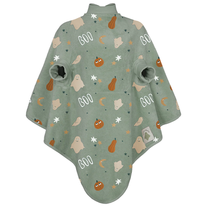 Grünes Little Casimir Boo Lätzchen mit Ärmeln, Geister- und Kürbis-Print, erhältlich im Bärechind Winterthur Zürich Schweiz.