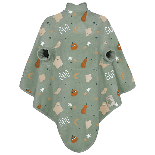 Grünes Little Casimir Boo Lätzchen mit Ärmeln, Geister- und Kürbis-Print, erhältlich im Bärechind Winterthur Zürich Schweiz.
