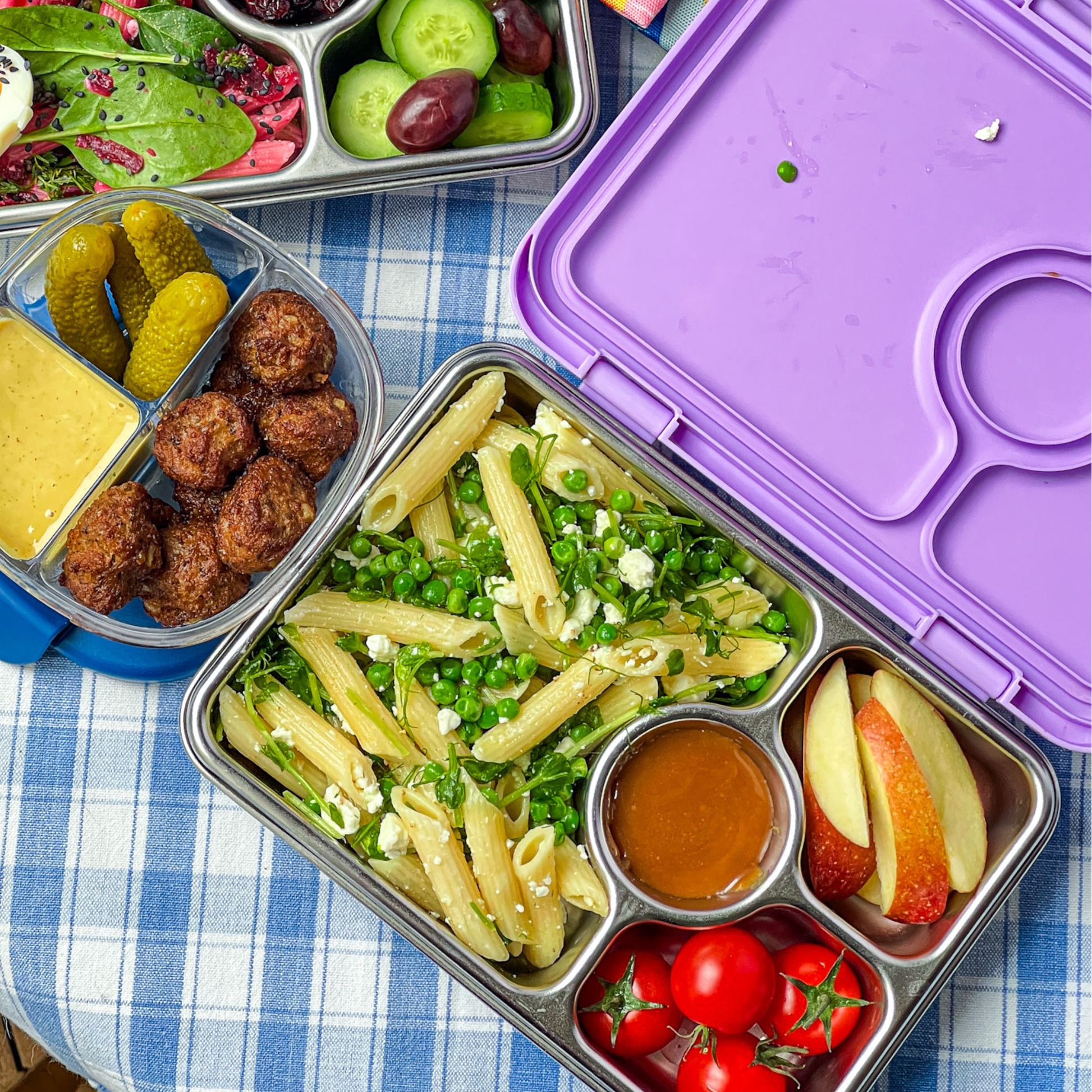 Lunchbox aus Edelstahl mit Silikondeckel in Lila – Kinder Lunchbox mit Fächern