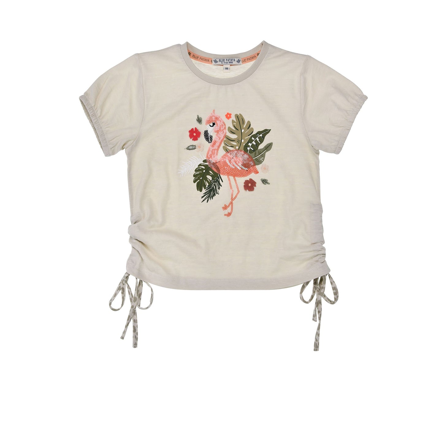 Mädchen Sommer T-Shirt mit Flamingo Print und seitlichen Bändern – Kinder Shirt bei Bärechind Winterthur Schweiz