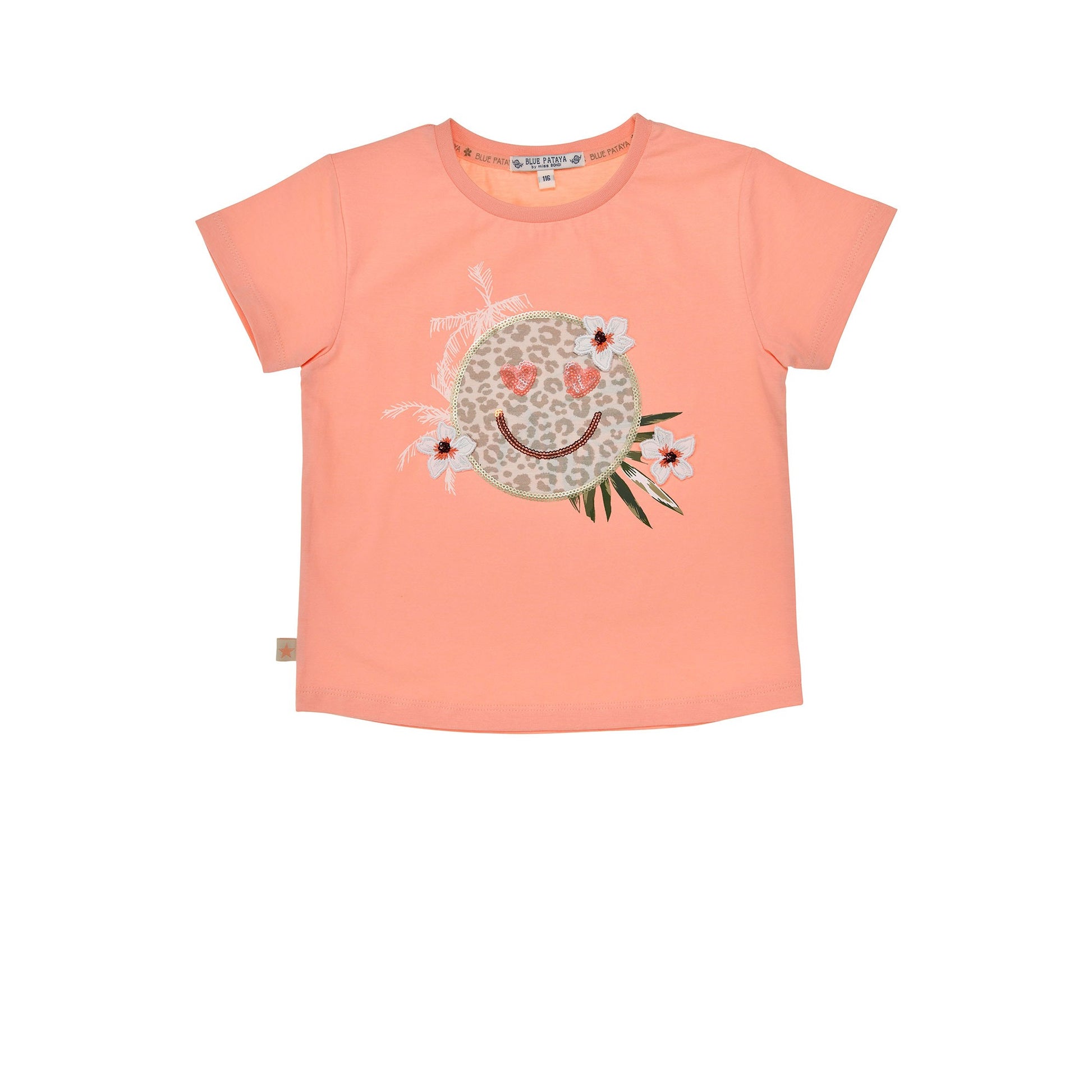 Mädchen T-Shirt smiley in Koralle mit Print – Sommer Shirt für Kinder bei Bärechind Kinderladen Winterthur Schweiz