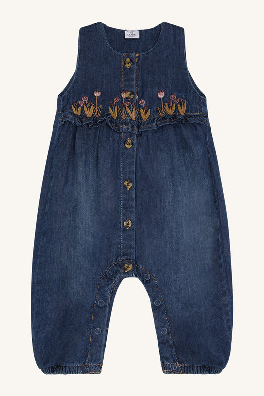 Magdalena Jeans-Overall mit Blumenstickerei in Blue Denim, Vorderansicht