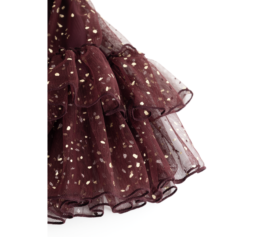 Detailansicht des Tüllstoffs mit Goldpunkten am MarMar Tüllrock Deep Mulberry