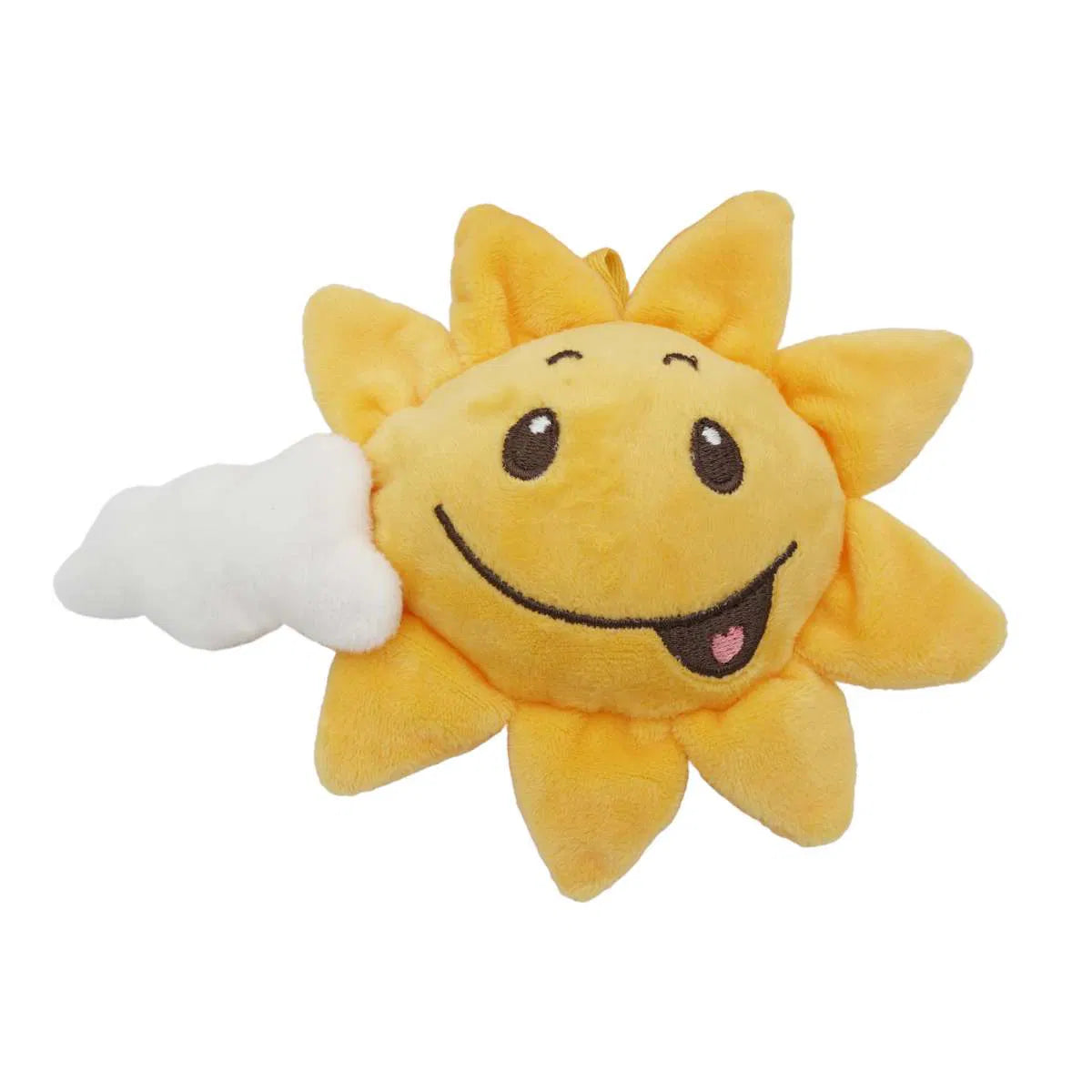 Lächelnde Plüsch-Sonne mit Rassel und kleiner Wolke – gelbes Babyspielzeug von Maximo