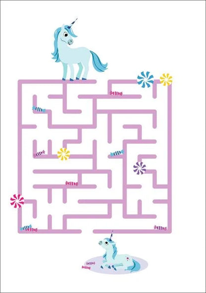 Rätselseite mit Labyrinth-Aufgabe und Einhorn