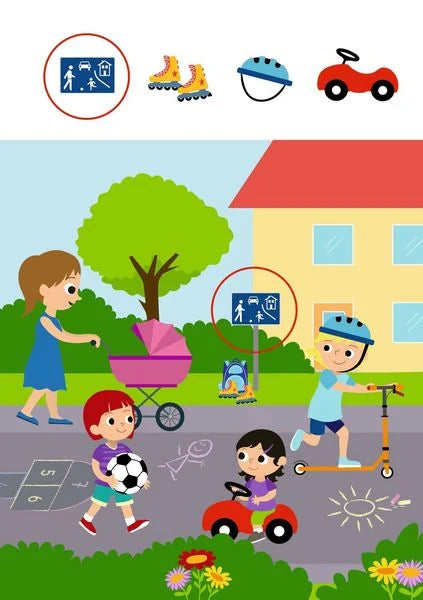 Rätselseite mit Strassenszene und spielenden Kindern