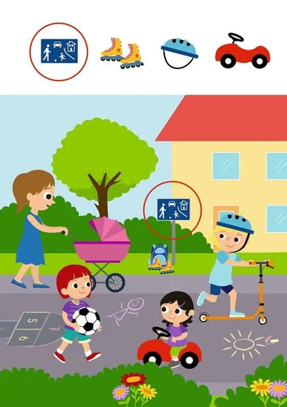 Rätselseite mit Strassenszene und spielenden Kindern