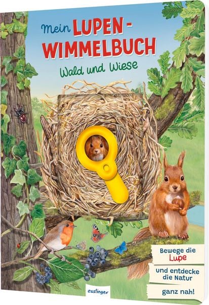 Buchcover mit beweglicher Schiebe-Lupe und Eichhörnchen im Wald
