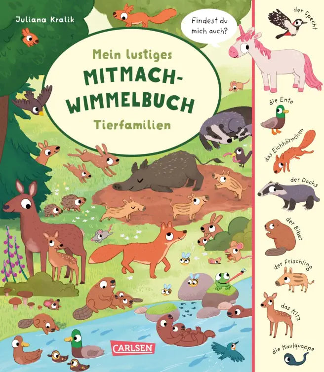 Mein lustiges Mitmach-Wimmelbuch Tierfamilien von Juliana Kralik, Cover mit Waldtieren, erhältlich bei Bärechind Winterthur