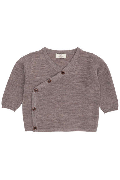 Natur melierte Baby Wickeljacke aus Merinowolle von Copenhagen Colors mit seitlicher Bindung, erhältlich im Bärechind in Winterthur, Zürich Schweiz