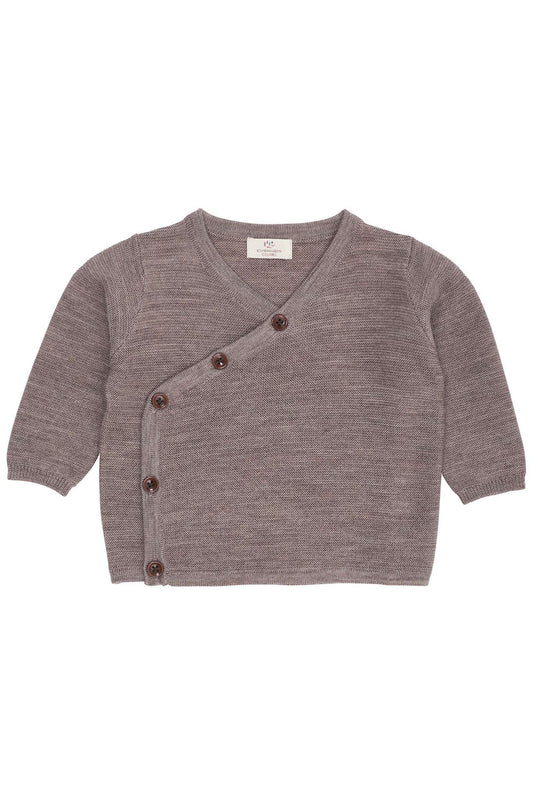 Natur melierte Baby Wickeljacke aus Merinowolle von Copenhagen Colors mit seitlicher Bindung, erhältlich im Bärechind in Winterthur, Zürich Schweiz