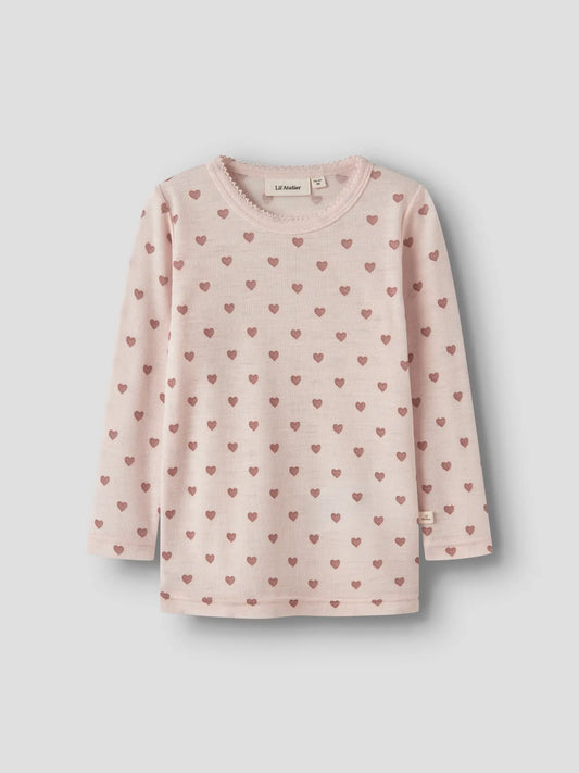 Merino Langarmshirt mit Herzchenprint in Morganite, Vorderansicht