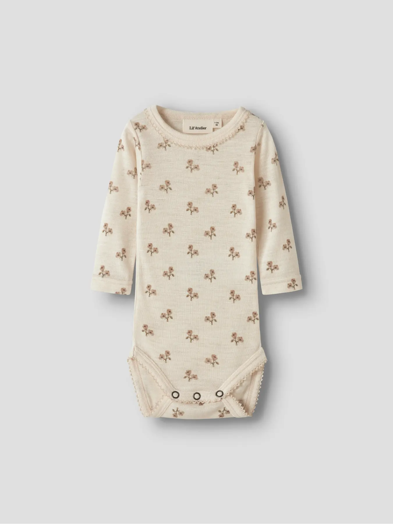 Merino/Modal Langarmbody mit Blumenprint in Turtledove, Vorderansicht