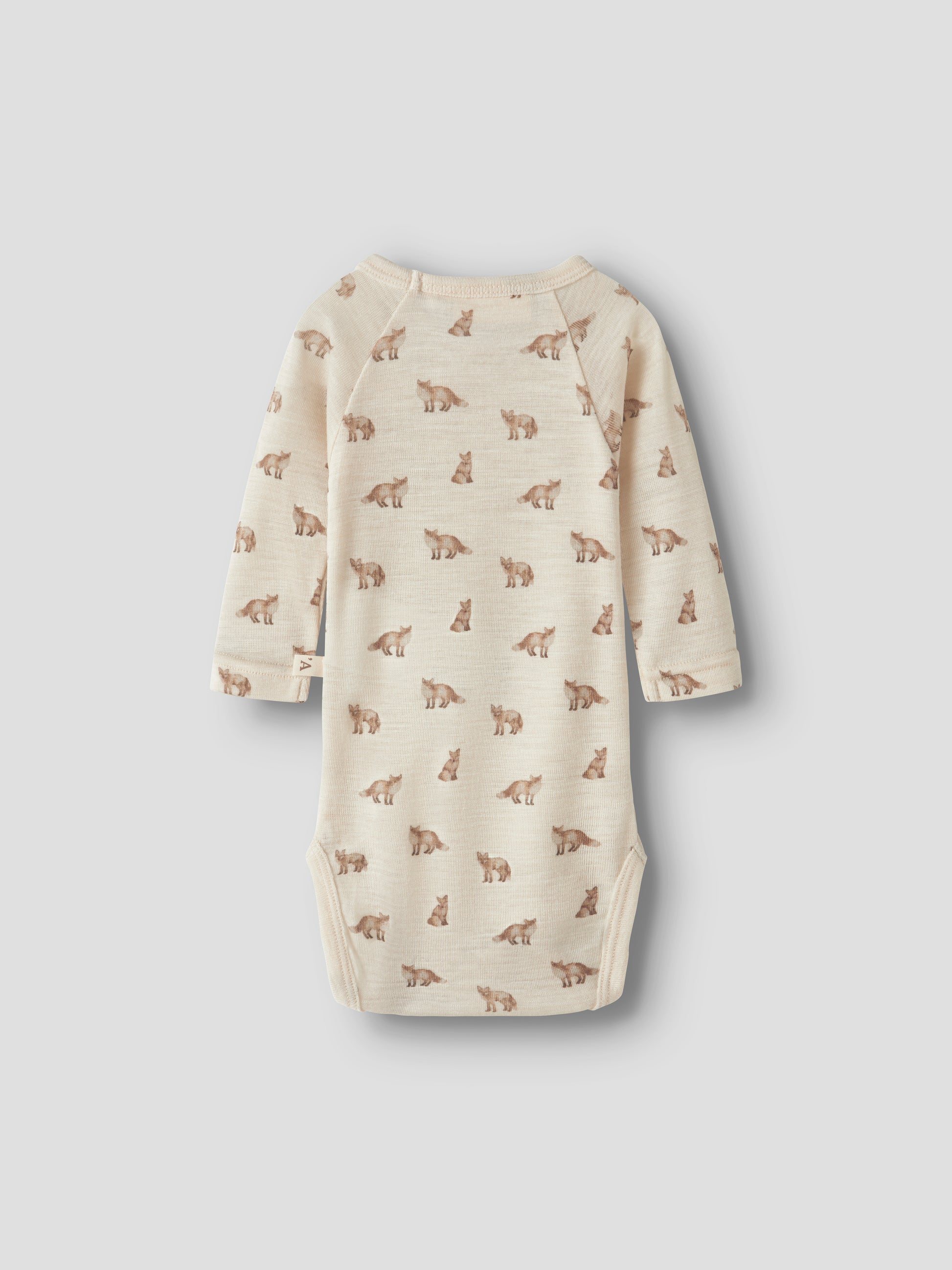 Rückansicht des Merino/Modal Langarmbodys mit Fuchsprint, Turtledove