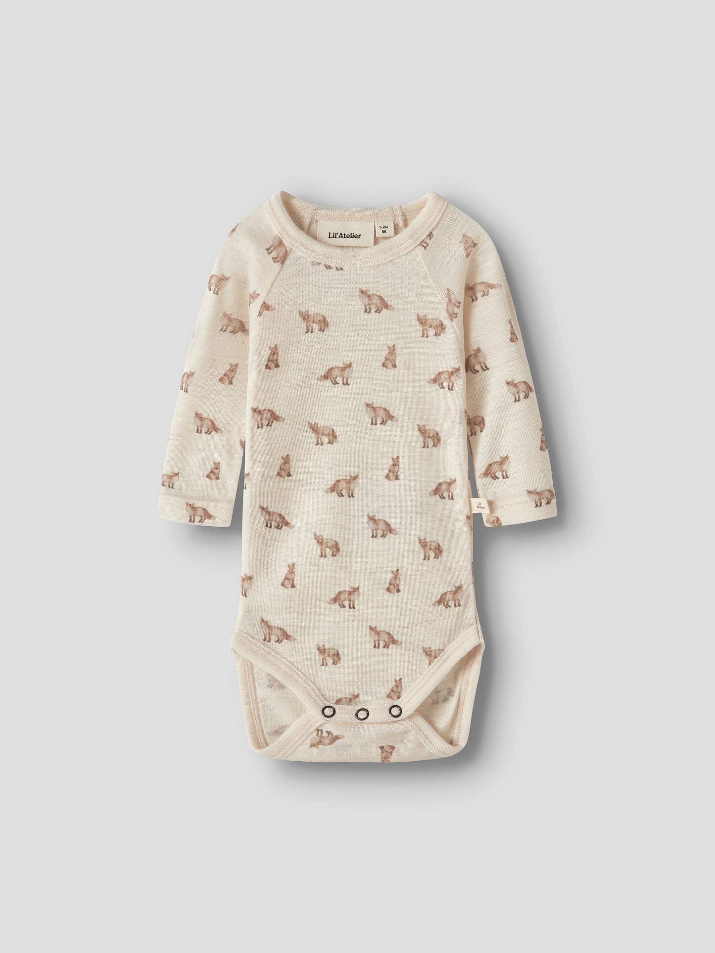 Merino/Modal Langarmbody mit Fuchsprint in Turtledove, Vorderansicht